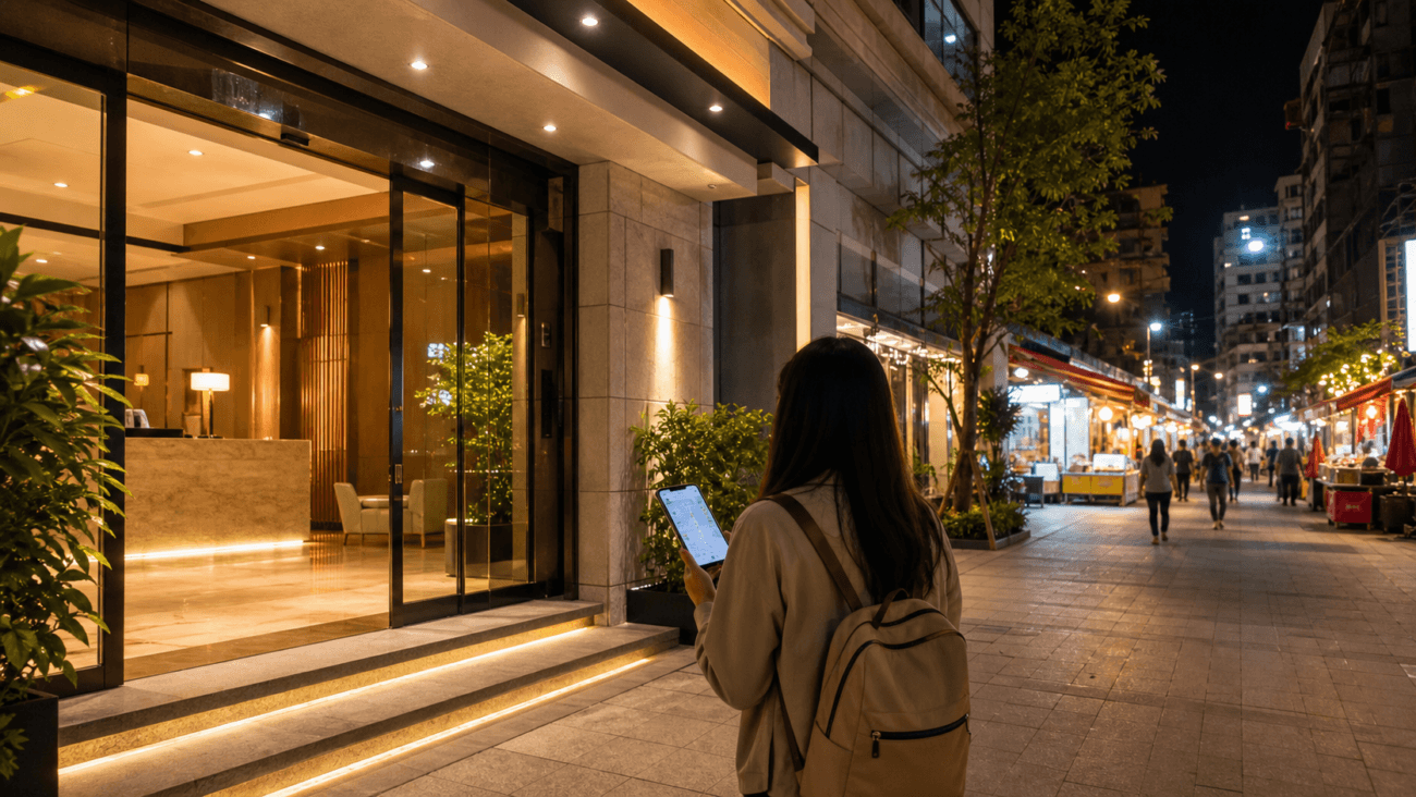 一中街附近旅館文章主視覺,夜晚商圈旁的旅館入口與手機導航
