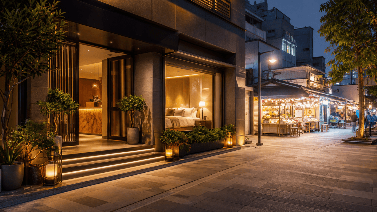 台中一中街住宿推薦文章主視覺，夜晚商圈與旅館氛圍