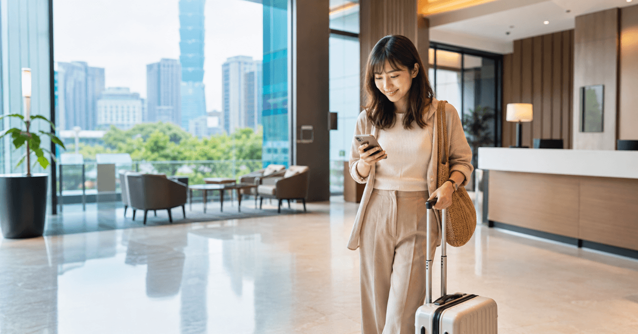 台北市與新北市旅館大廳中查看行程的女性旅客，雙北國旅補助旅館加碼優惠完整名單封面圖
