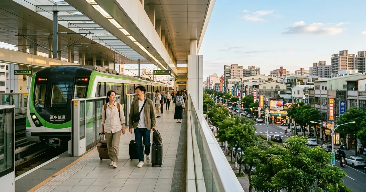 旅客在台中捷運站旁拖著行李，代表台中國旅補助三天兩夜的交通行程。