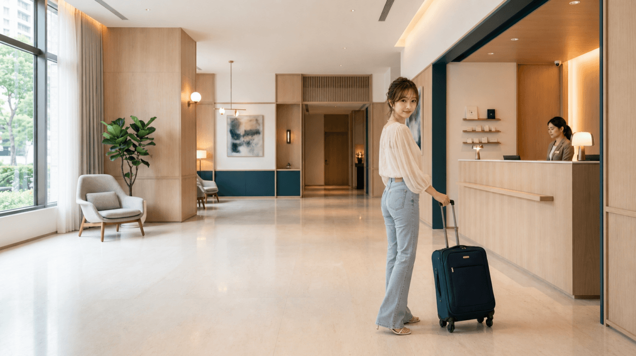 台中旅館大廳中拉著行李箱的女性旅遊網紅，國旅補助加碼優惠整理封面圖